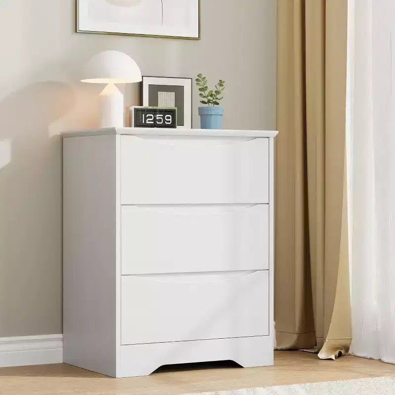 CuisinSmart Commode en bois avec 3 tiroirs, grande armoire moderne avec rangement profond, longue commode de rangement pour chambre à coucher, salon, blanc