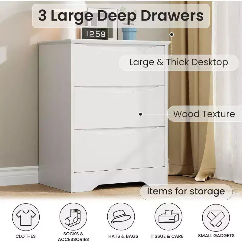 CuisinSmart Commode en bois avec 3 tiroirs, grande armoire moderne avec rangement profond, longue commode de rangement pour chambre à coucher, salon, blanc
