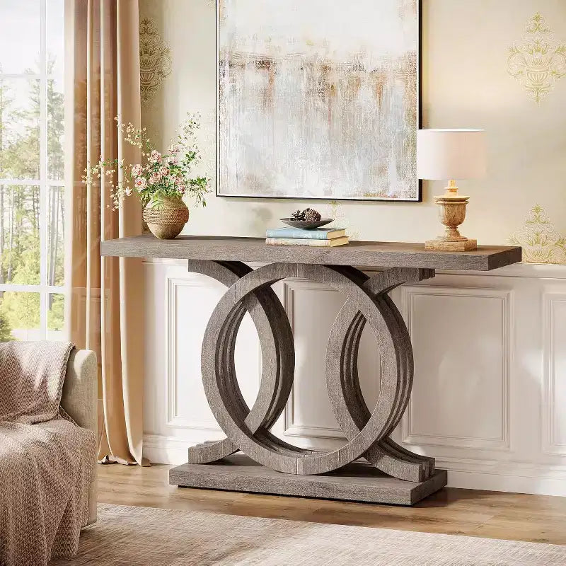 Console Lantine de 55 po avec piètement géométrique en bois, table d'entrée moderne avec plateau épais pour salon, couloir, foyer, marron