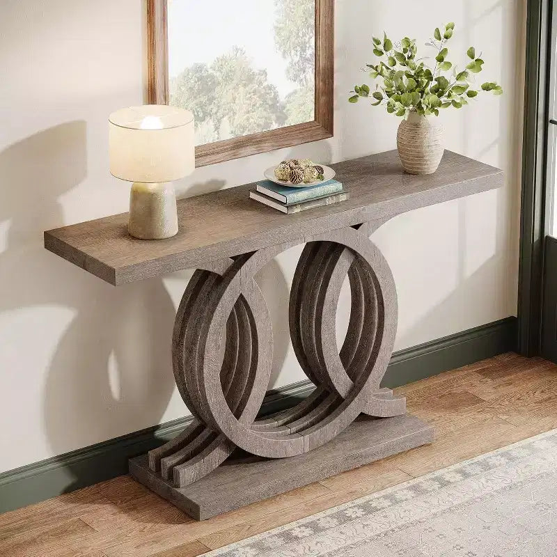 Console Lantine de 55 po avec piètement géométrique en bois, table d'entrée moderne avec plateau épais pour salon, couloir, foyer, marron