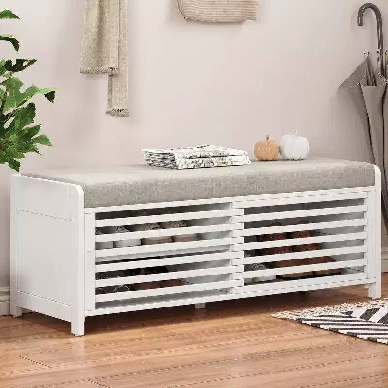 Banc à chaussures capitonné avec rangement à persiennes pour l'entrée, le salon et le couloir