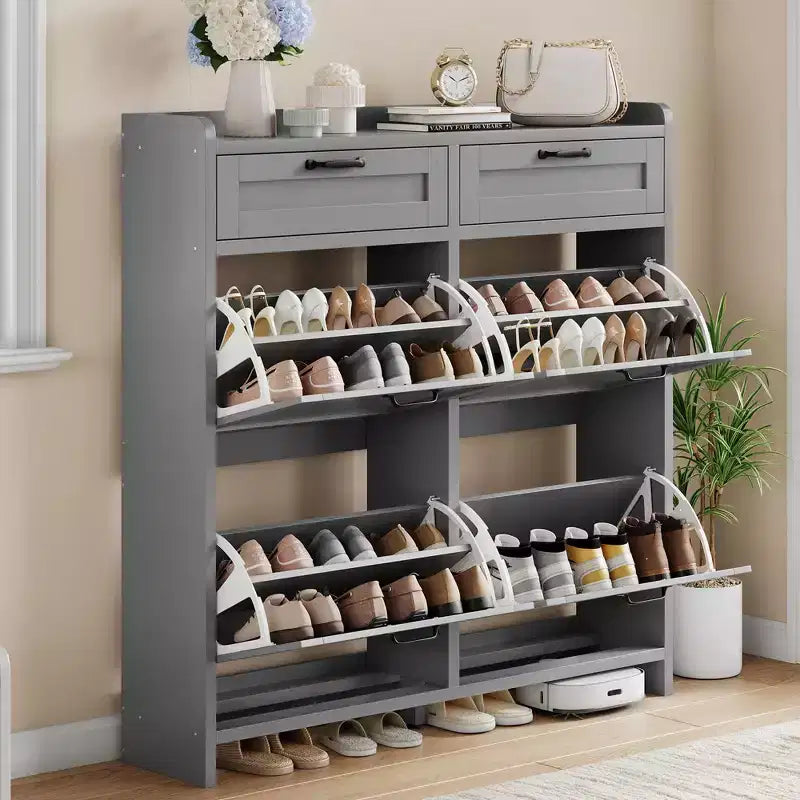 Shoe Cabinet with 4 Flip Drawers & 2 Top Drawers, Wooden Shoe Organizer Cabinet with Adjustable Shelf, Freestanding Shoe Storage Cabinets