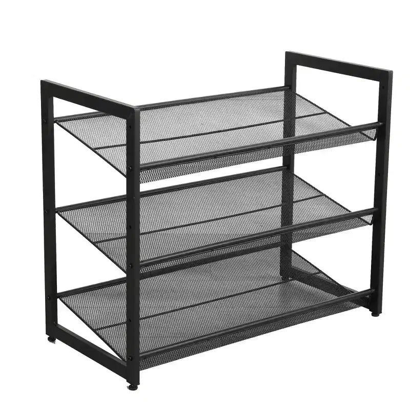 VIYET 24 Black 3-Tier Adjustable Metal Shoe Rack, Freestanding Storage Organizer with 4 Non-Slip End-Caps for Entryway, Front Door Entrance