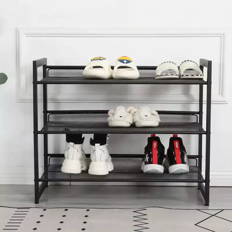 VIYET 24 Range-chaussures en métal réglable noir à 3 niveaux, organiseur de rangement autoportant avec 4 embouts antidérapants pour entrée, porte d'entrée