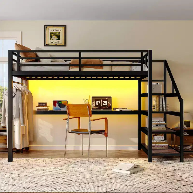 Lit mezzanine double XL Bellemave en métal avec bureau et escalier de rangement, lumières LED, ports USB, panneaux en filet de fer, cadre sans bruit, noir