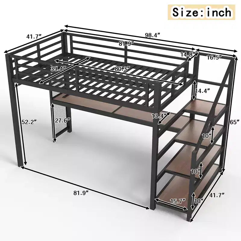 Lit mezzanine double XL Bellemave en métal avec bureau et escalier de rangement, lumières LED, ports USB, panneaux en filet de fer, cadre sans bruit, noir