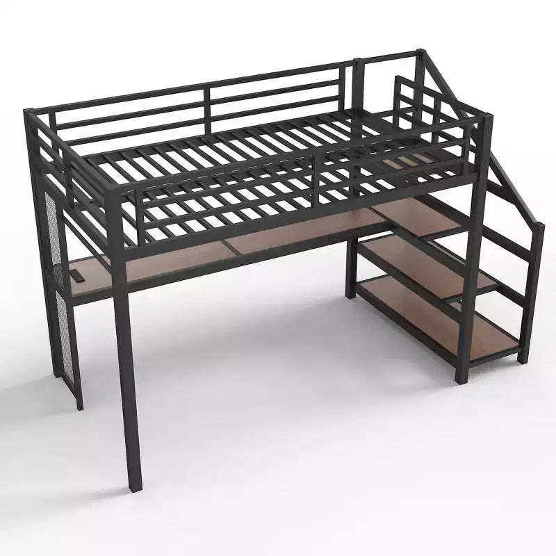Lit mezzanine double XL Bellemave en métal avec bureau et escalier de rangement, lumières LED, ports USB, panneaux en filet de fer, cadre sans bruit, noir