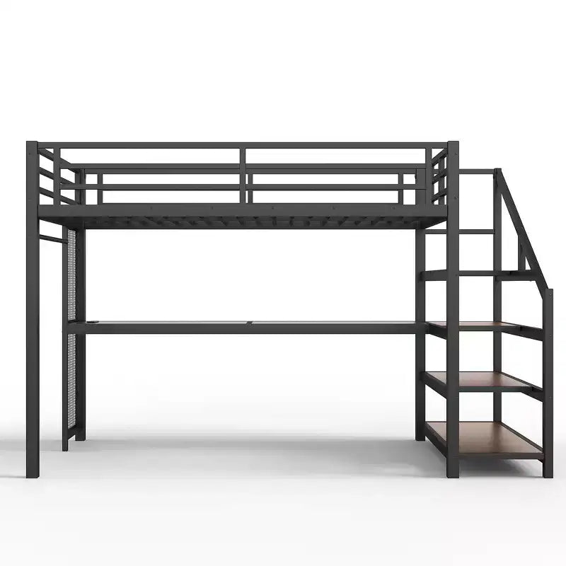 Lit mezzanine double XL Bellemave en métal avec bureau et escalier de rangement, lumières LED, ports USB, panneaux en filet de fer, cadre sans bruit, noir