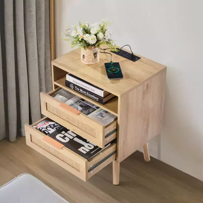Table de chevet 2 tiroirs en rotin beige avec station de charge – Unité individuelle
