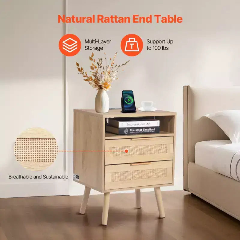 Table de chevet 2 tiroirs en rotin beige avec station de charge – Unité individuelle
