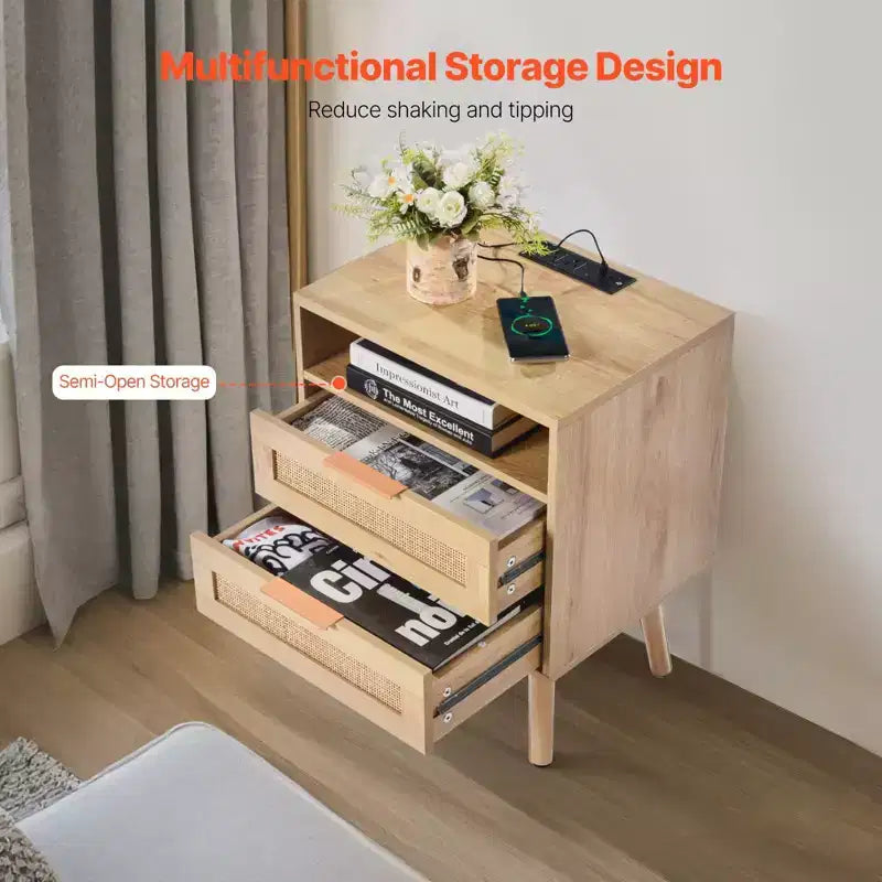Table de chevet 2 tiroirs en rotin beige avec station de charge – Unité individuelle