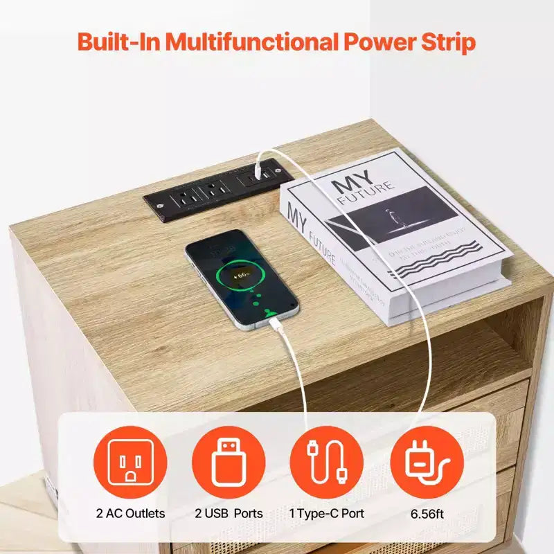 Table de chevet 2 tiroirs en rotin beige avec station de charge – Unité individuelle