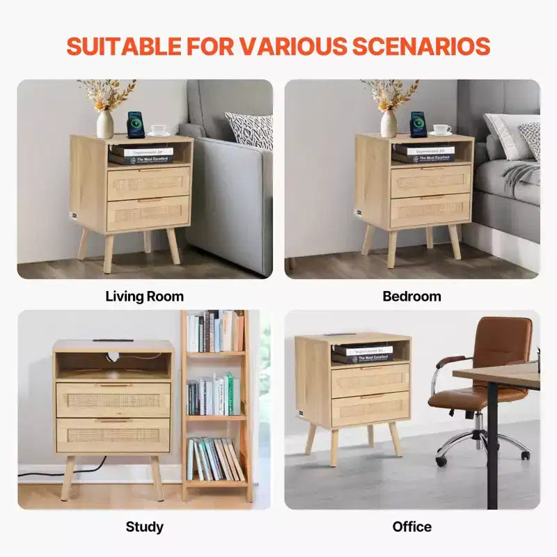 Table de chevet 2 tiroirs en rotin beige avec station de charge – Unité individuelle