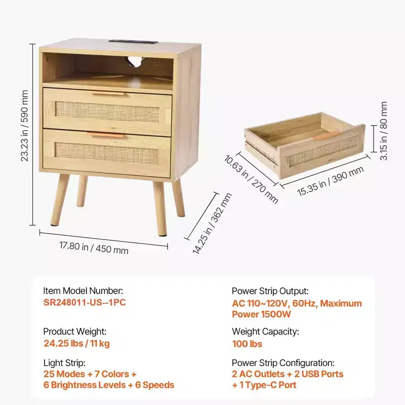 Table de chevet 2 tiroirs en rotin beige avec station de charge – Unité individuelle