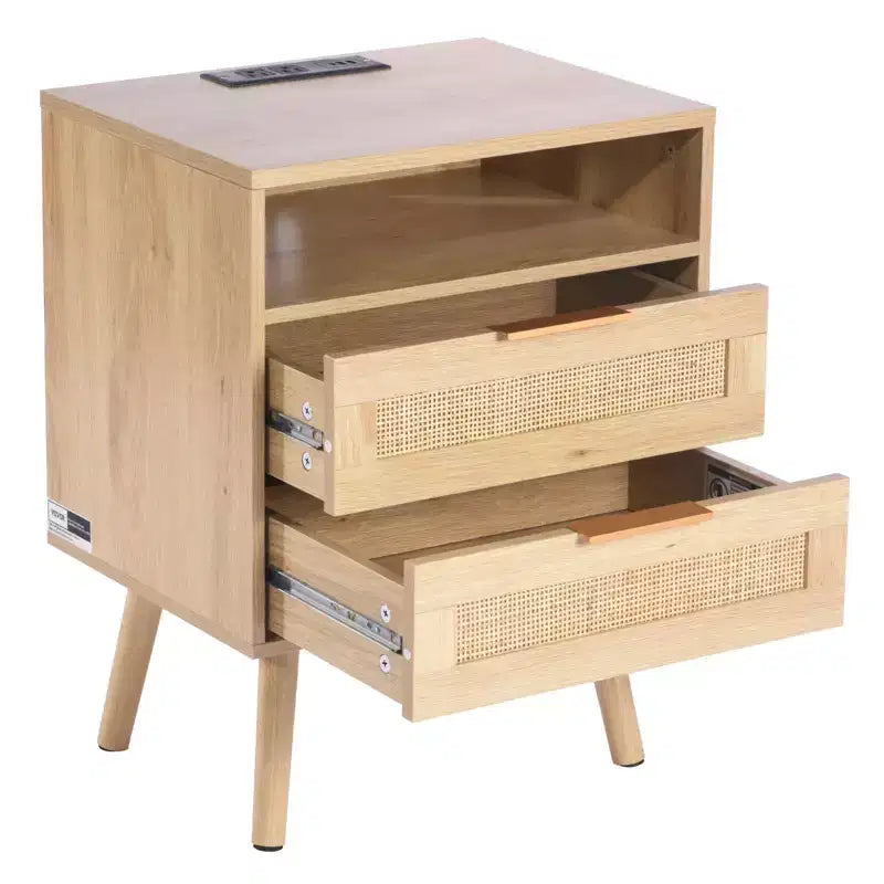 Table de chevet 2 tiroirs en rotin beige avec station de charge – Unité individuelle
