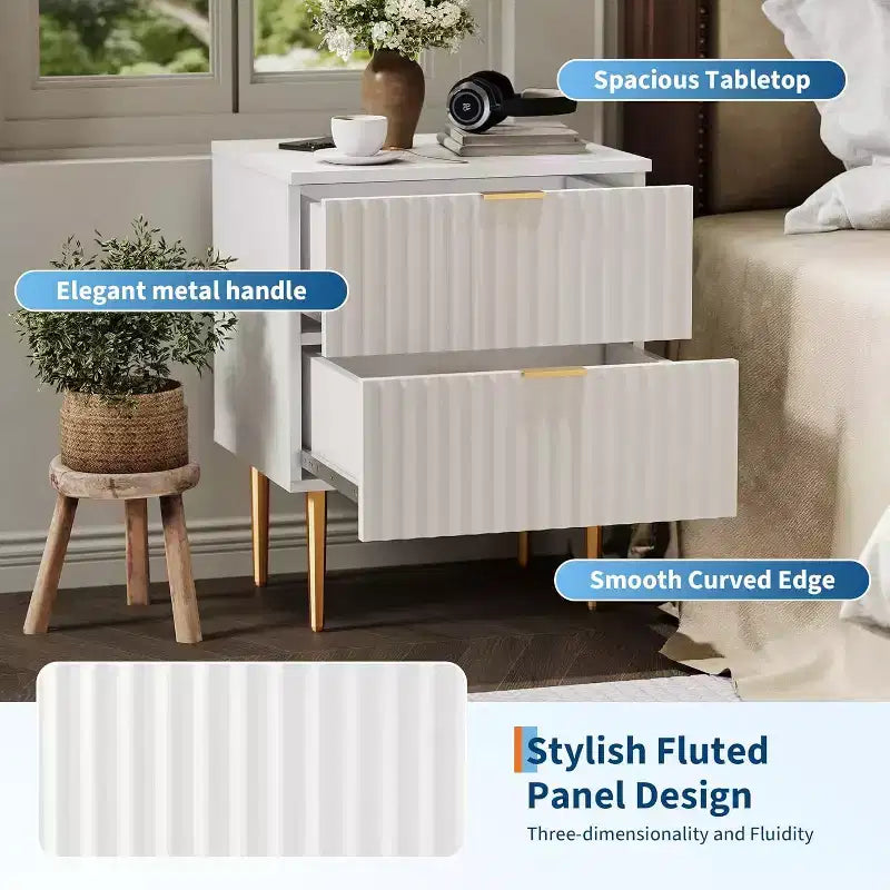 Table de chevet cannelée DobleePy avec 2 tiroirs de rangement, table de chevet moderne à base dorée pour chambre à coucher et appartement