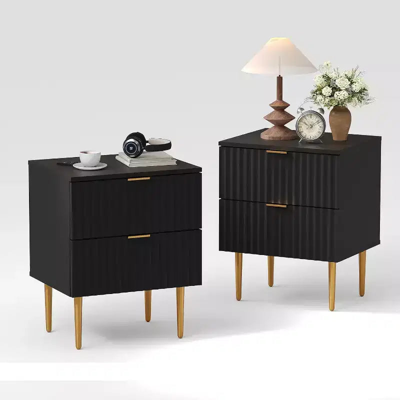 DobleePy Fluted Nightstand with 2 Storage Drawers, Gold Base Modern Bedside Table for Bedroom & Apartment