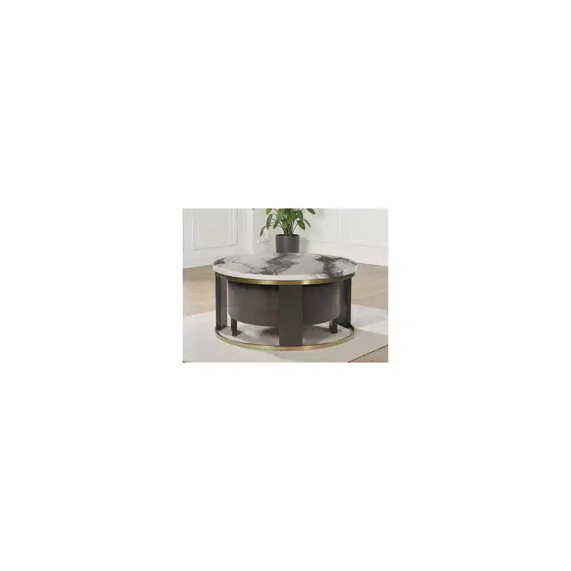 Table basse gigogne et ottoman Jazmore de Signature Design by Ashley, dessus en similicuir marbre avec cadre en laiton