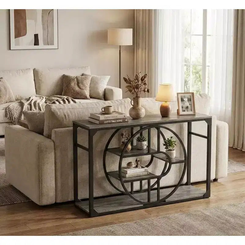 CuisinSmart 55 O-Shaped Metal Frame Console Table, Industrial Narrow Entryway Table with Storage, Rustic Sofa Table for Living Room Hallway Foyer