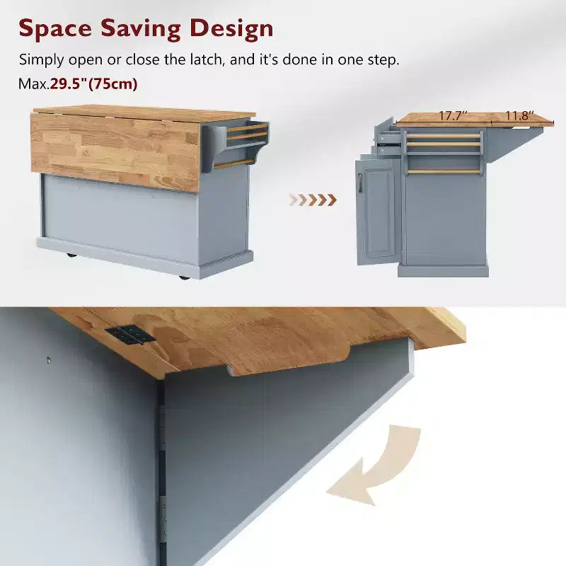 HomyCasa Îlot de cuisine roulant avec plateau en bois et armoires de rangement, Gris