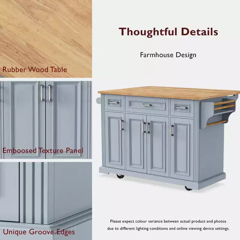 HomyCasa Îlot de cuisine roulant avec plateau en bois et armoires de rangement, Gris