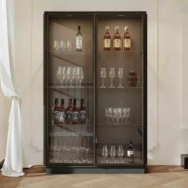 Hitow Oversized Black Wine & Kitchen Storage Cabinet  Sliding Glass Doors,LED Spotlights, Large Capacity Pantry for Dining Room
