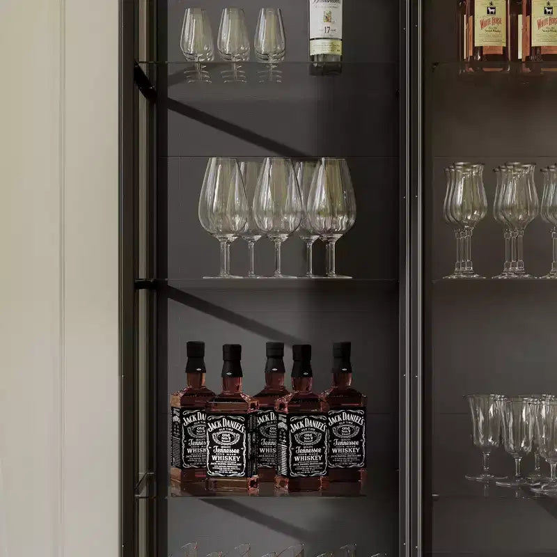 Buffet Hitow surdimensionné noir avec rangement pour vin et cuisine, portes coulissantes en verre, spots LED, grand garde-manger pour salle à manger