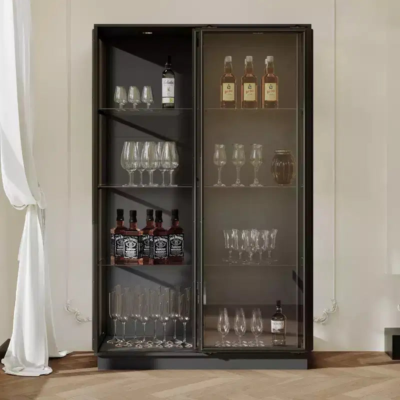 Buffet Hitow surdimensionné noir avec rangement pour vin et cuisine, portes coulissantes en verre, spots LED, grand garde-manger pour salle à manger