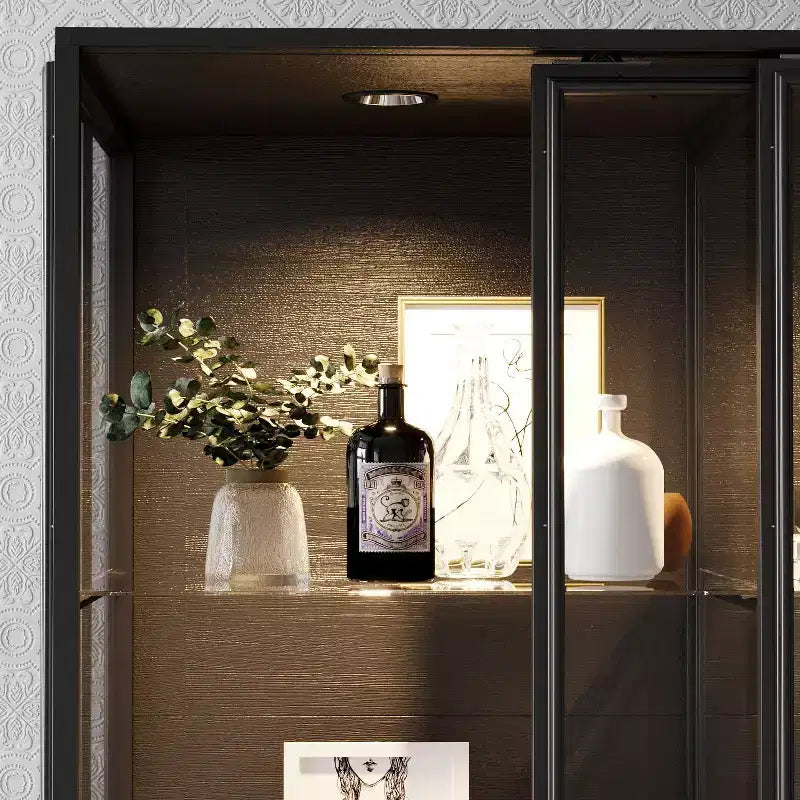Buffet Hitow surdimensionné noir avec rangement pour vin et cuisine, portes coulissantes en verre, spots LED, grand garde-manger pour salle à manger