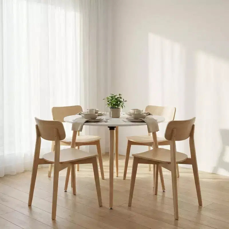FurnitureR Table à manger ronde avec plateau blanc et pieds en bois, table de style scandinave compacte de 80 cm pour cuisine ou appartement