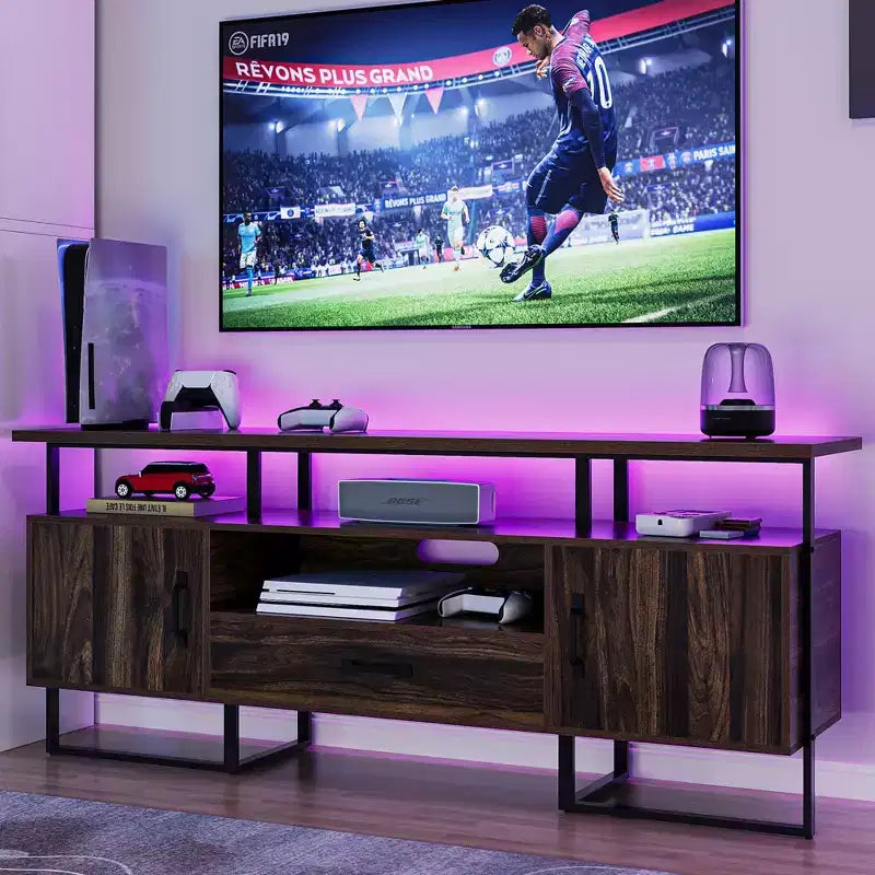 Meuble TV 70 pouces pour TV jusqu'à 75 pouces, Banc TV industriel avec tiroir de rangement et étagères ouvertes, Meuble TV Console pour Salon