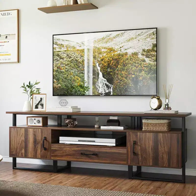Meuble TV 70 pouces pour TV jusqu'à 75 pouces, Banc TV industriel avec tiroir de rangement et étagères ouvertes, Meuble TV Console pour Salon