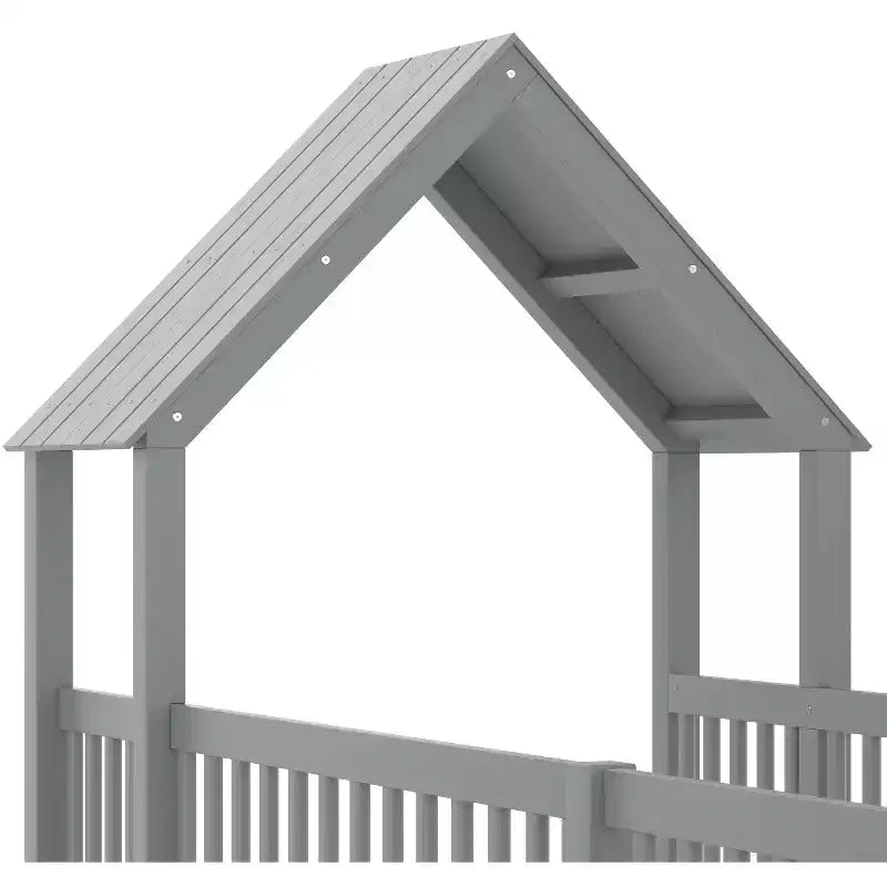 Lit au sol en bois naturel en forme de maison avec porte et barrières, taille double, 2 enfants