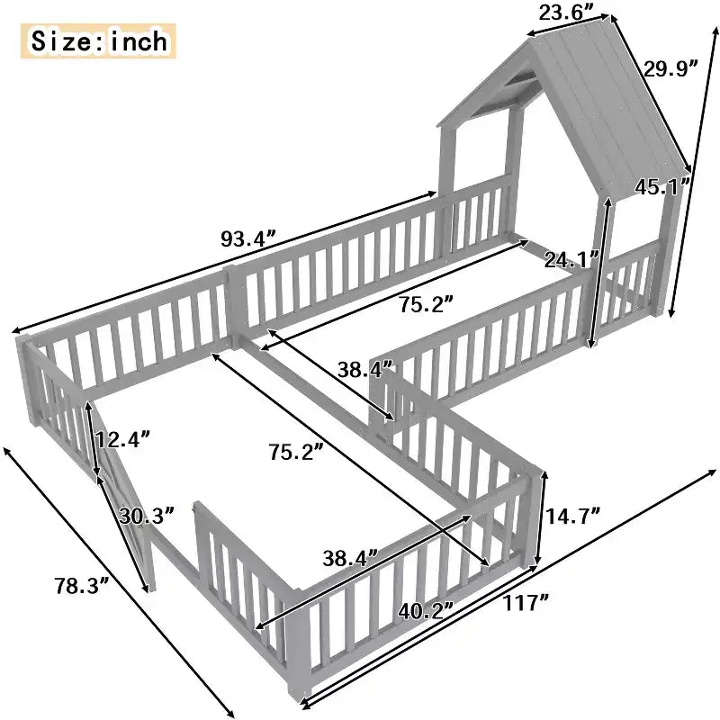Lit au sol en bois naturel en forme de maison avec porte et barrières, taille double, 2 enfants