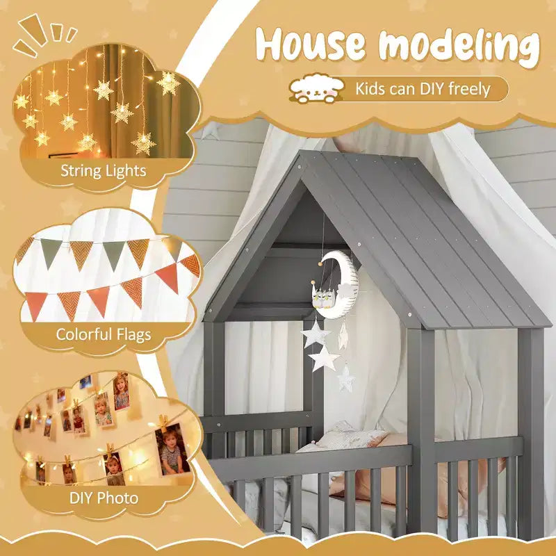 Lit au sol en bois naturel en forme de maison avec porte et barrières, taille double, 2 enfants