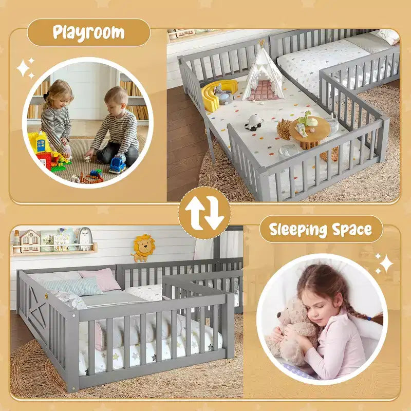 Lit au sol en bois naturel en forme de maison avec porte et barrières, taille double, 2 enfants