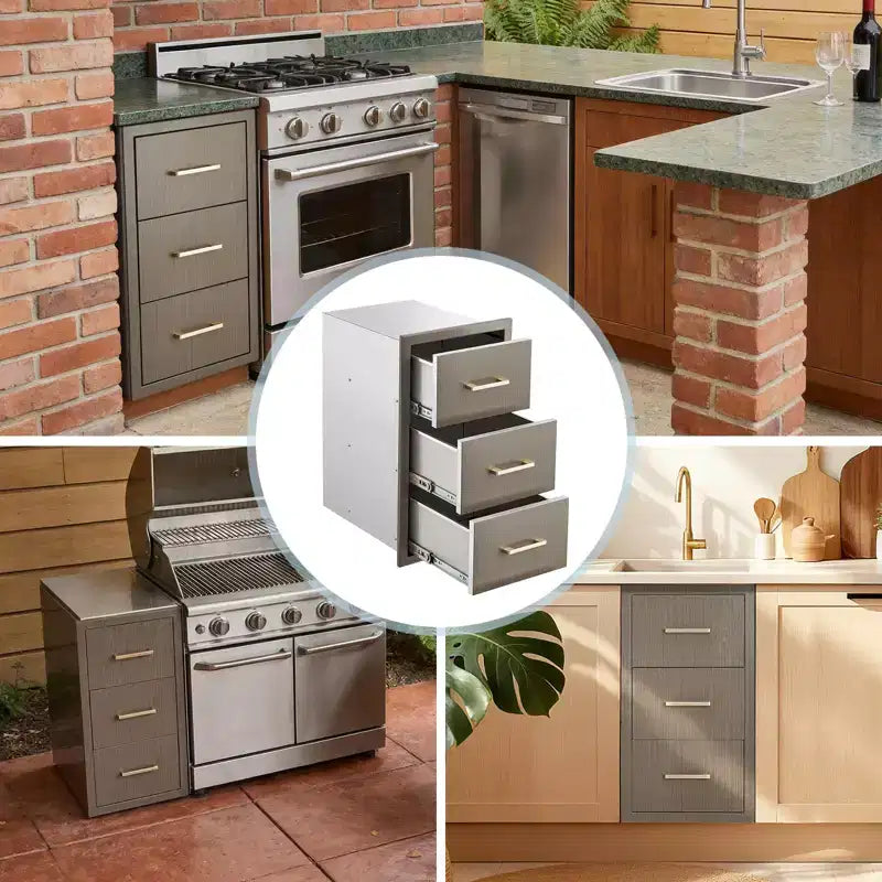 Tiroirs de cuisine d'extérieur 16 W x 28,5 H x 20,5 P, Triple tiroirs d'accès encastrables pour BBQ avec poignée en acier inoxydable pour cuisines extérieures, îlot de BBQ
