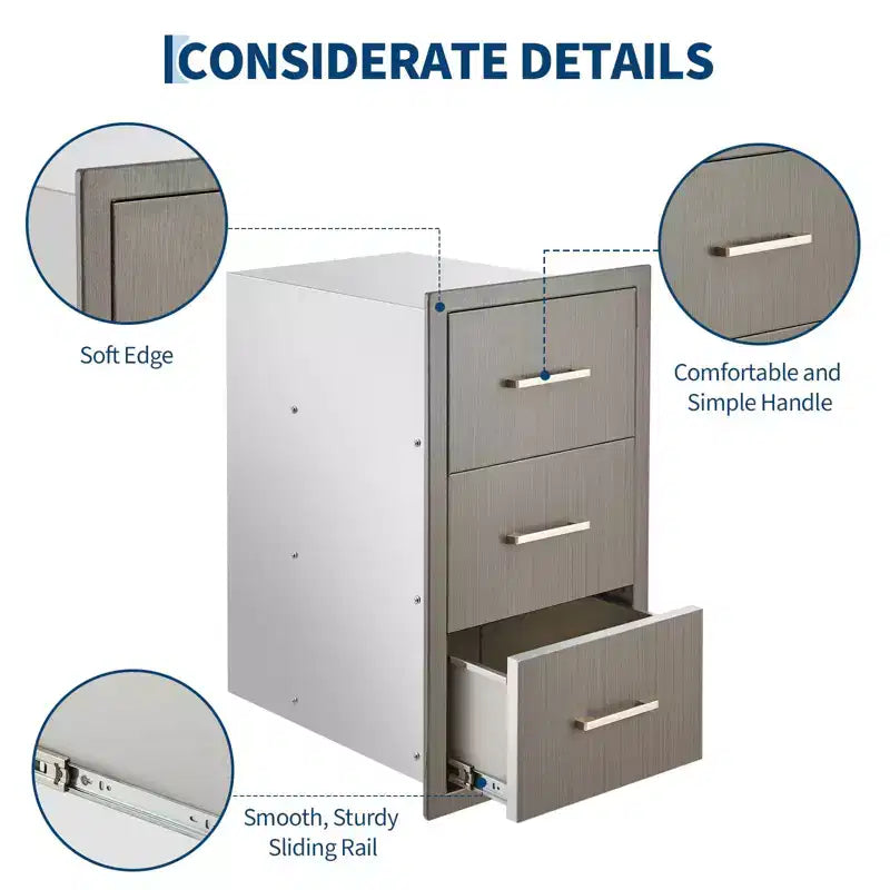 Tiroirs de cuisine d'extérieur 16 W x 28,5 H x 20,5 P, Triple tiroirs d'accès encastrables pour BBQ avec poignée en acier inoxydable pour cuisines extérieures, îlot de BBQ