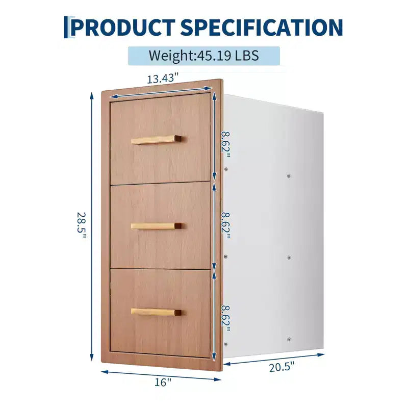 Tiroirs de cuisine d'extérieur 16 W x 28,5 H x 20,5 P, Triple tiroirs d'accès encastrables pour BBQ avec poignée en acier inoxydable pour cuisines extérieures, îlot de BBQ
