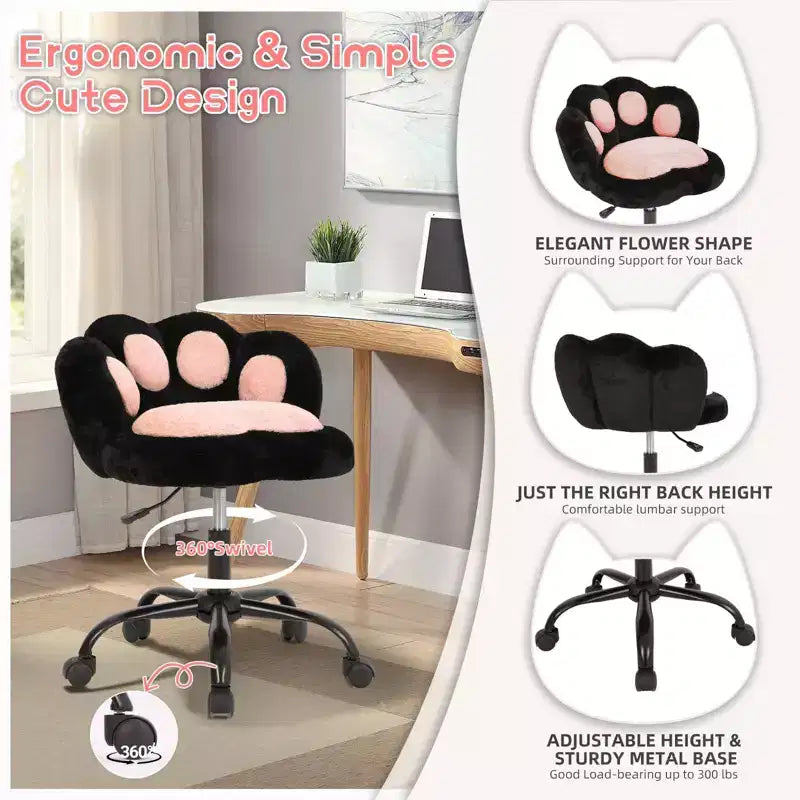 Chaise de vanité à roulettes, Chaise de bureau mignonne en forme de patte de chat avec dossier, Chaise sans accoudoirs rotative à 360° et réglable en hauteur avec blocage des couleurs éclatantes, Petite chaise de bureau