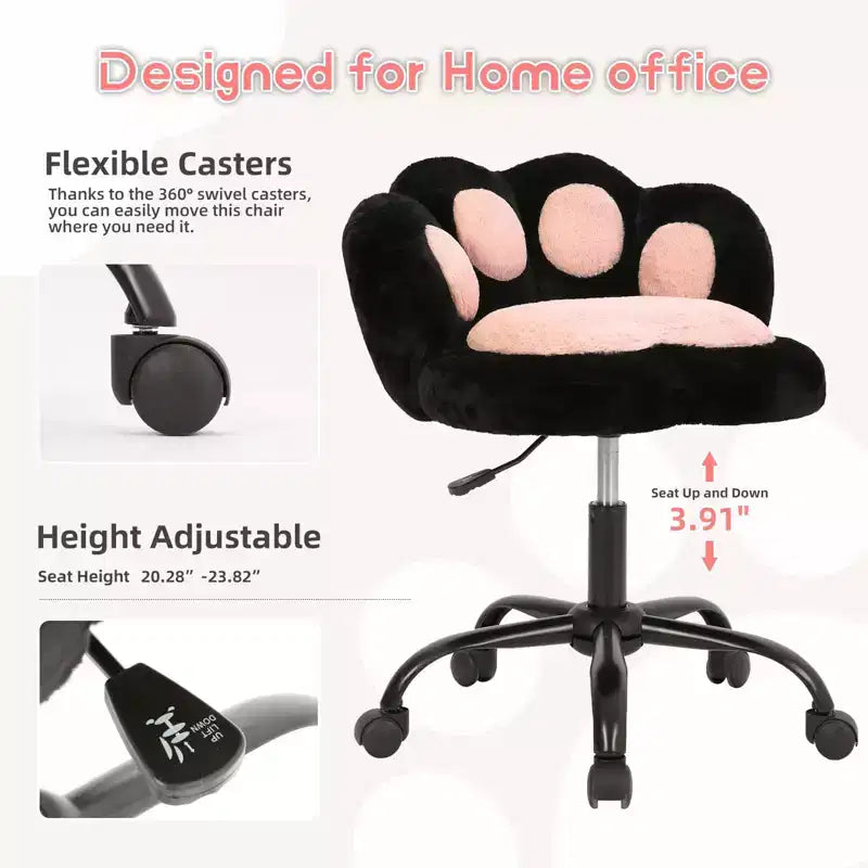 Chaise de vanité à roulettes, Chaise de bureau mignonne en forme de patte de chat avec dossier, Chaise sans accoudoirs rotative à 360° et réglable en hauteur avec blocage des couleurs éclatantes, Petite chaise de bureau