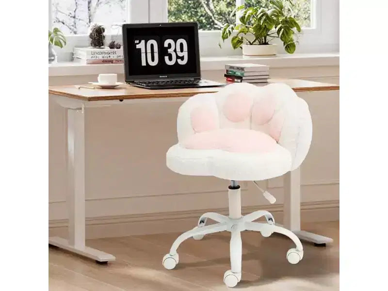 Chaise de vanité à roulettes, Chaise de bureau mignonne en forme de patte de chat avec dossier, Chaise sans accoudoirs rotative à 360° et réglable en hauteur avec blocage des couleurs éclatantes, Petite chaise de bureau
