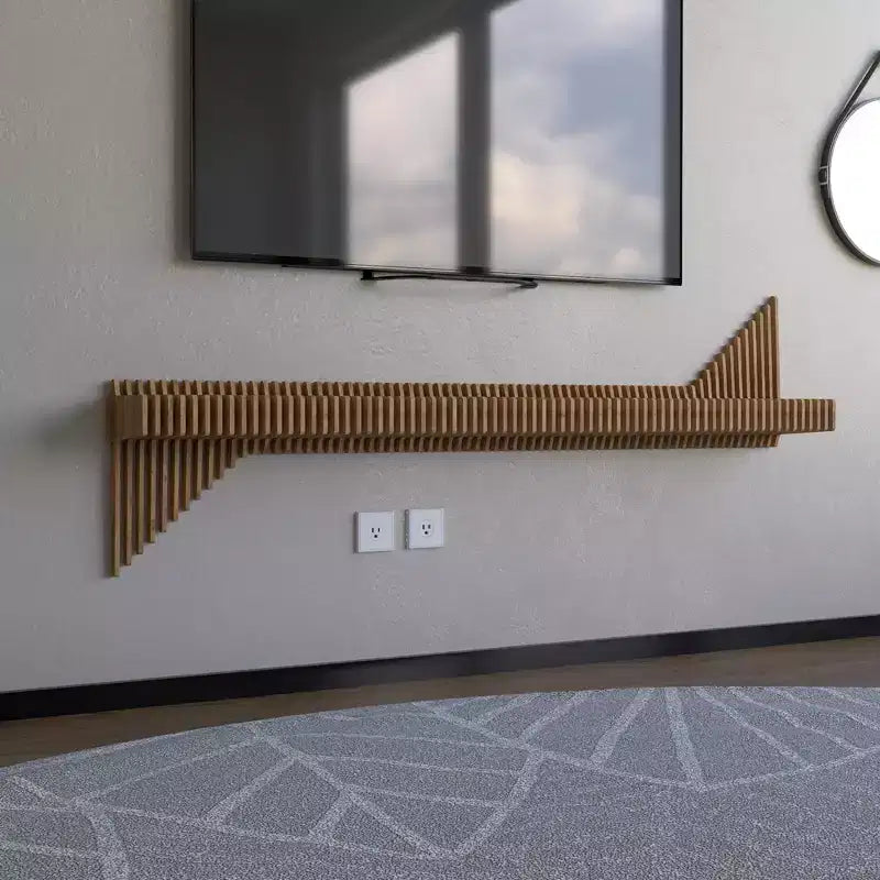 Meuble TV mural flottant Sierra BATAMEX Parametric 65 pouces moderne géométrique en bois, couleur chêne naturel, étagère de salon ondulée 3D