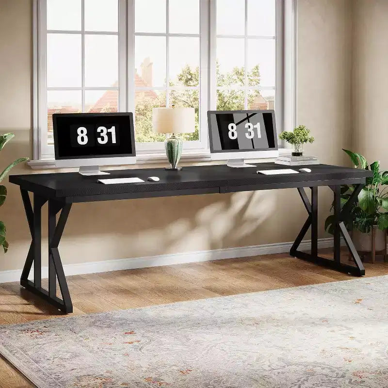 Lantine 78.74-Inch Large Executive Desk, Industrial Home Office Computer Desk, Simple Long Writing Study Table Business Furniture (Black)