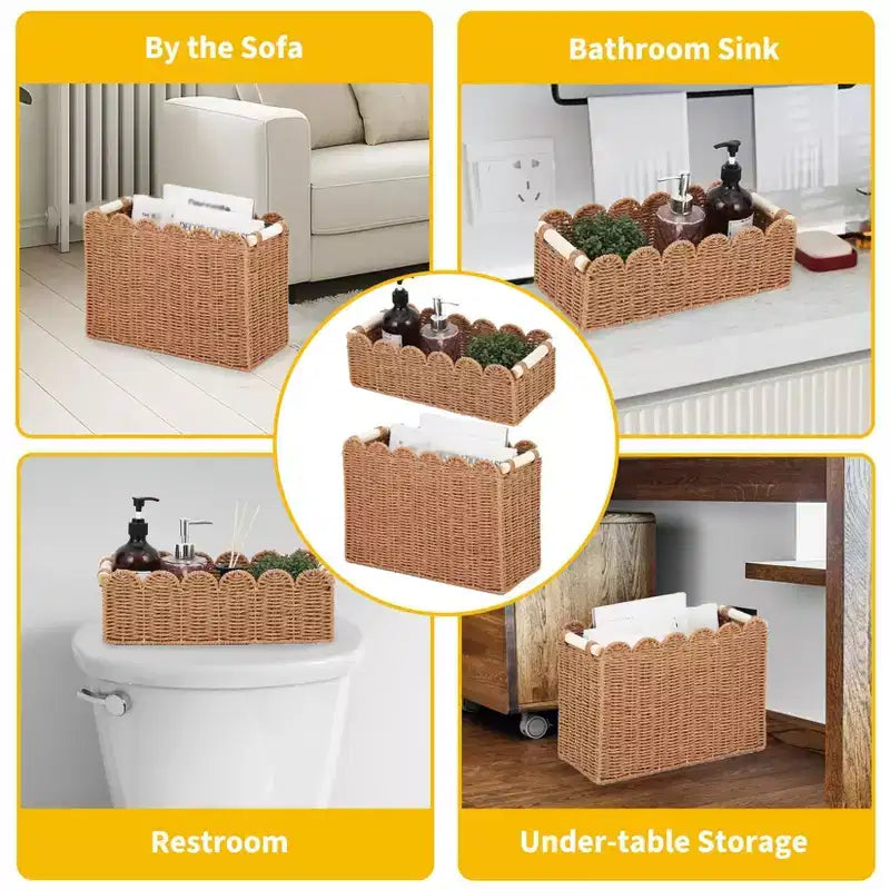 Lot de 2 paniers de rangement en corde de papier festonnée naturelle avec poignées en bois