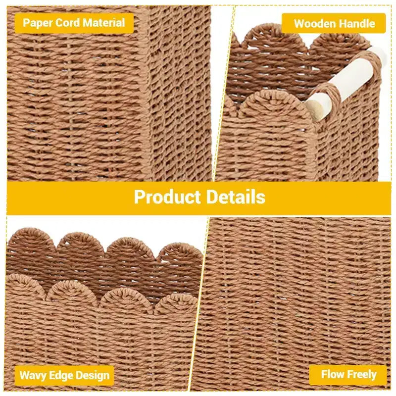Lot de 2 paniers de rangement en corde de papier festonnée naturelle avec poignées en bois