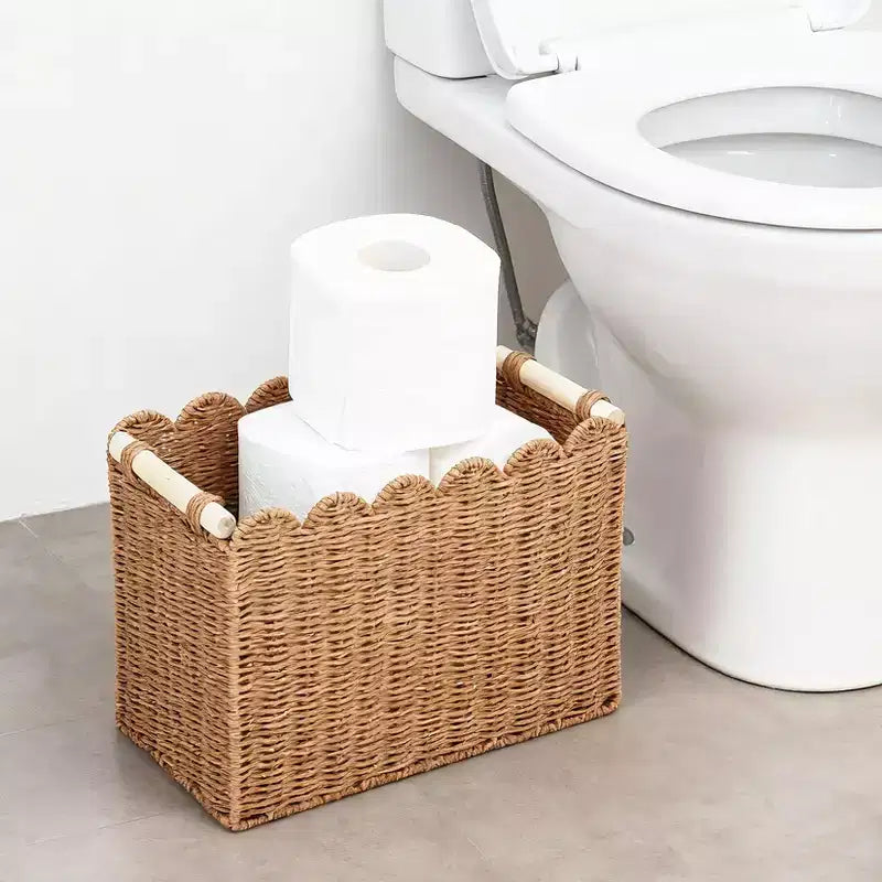 Lot de 2 paniers de rangement en corde de papier festonnée naturelle avec poignées en bois