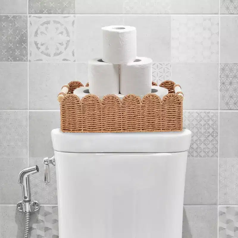 Lot de 2 paniers de rangement en corde de papier festonnée naturelle avec poignées en bois