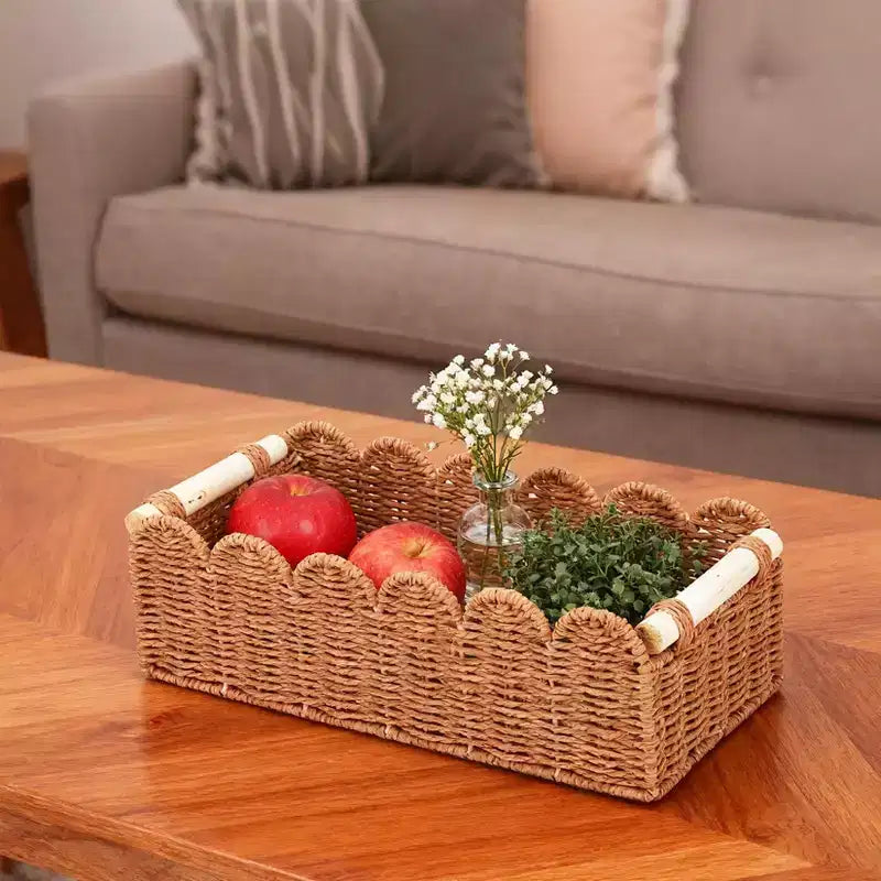 Lot de 2 paniers de rangement en corde de papier festonnée naturelle avec poignées en bois