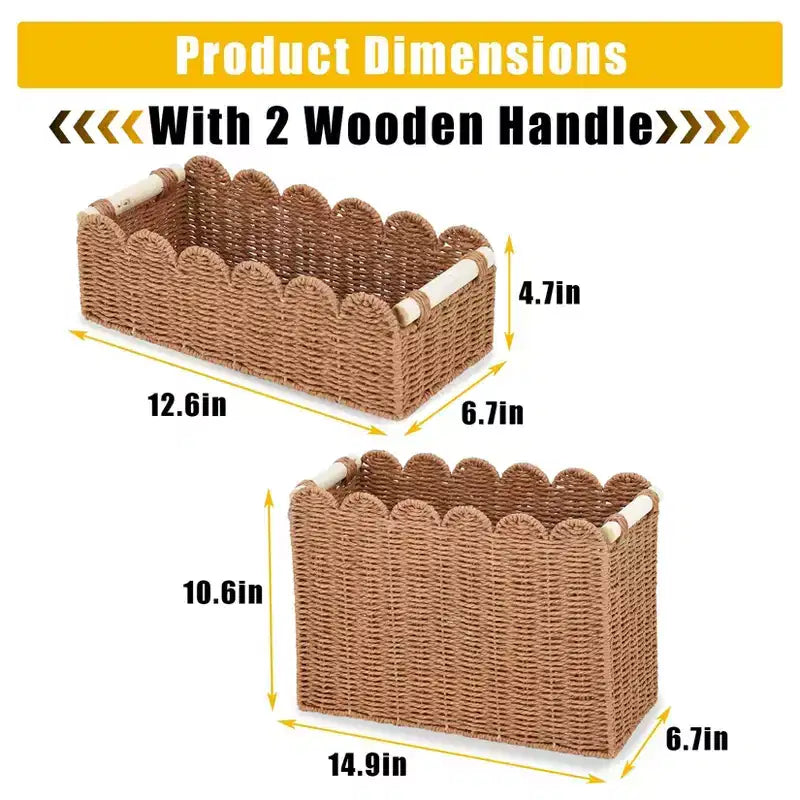 Lot de 2 paniers de rangement en corde de papier festonnée naturelle avec poignées en bois